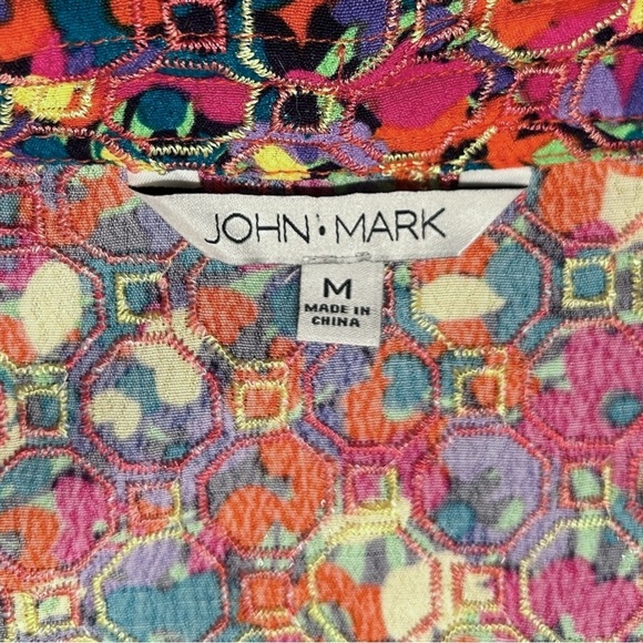JOHN MARK Multicolor Embroidered Eyelet Tunic Top Wire Collar Roll-Tab Sleeve M - Picture 10 of 12